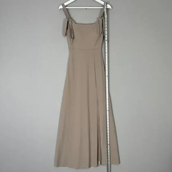 Birdy Grey Alex Crepe Maxi Dress Womens XS Taupe Formal Gown Bridesmaid Bow Tie - Picture 10 of 15